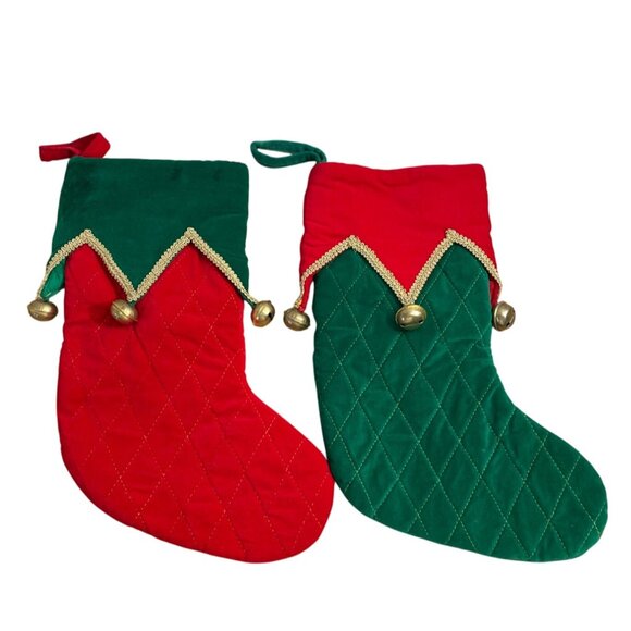 Vtg Velvet Quilted Christmas Stockings Red Green Jingle Bells Gold Trim Set of 2 - Picture 1 of 5